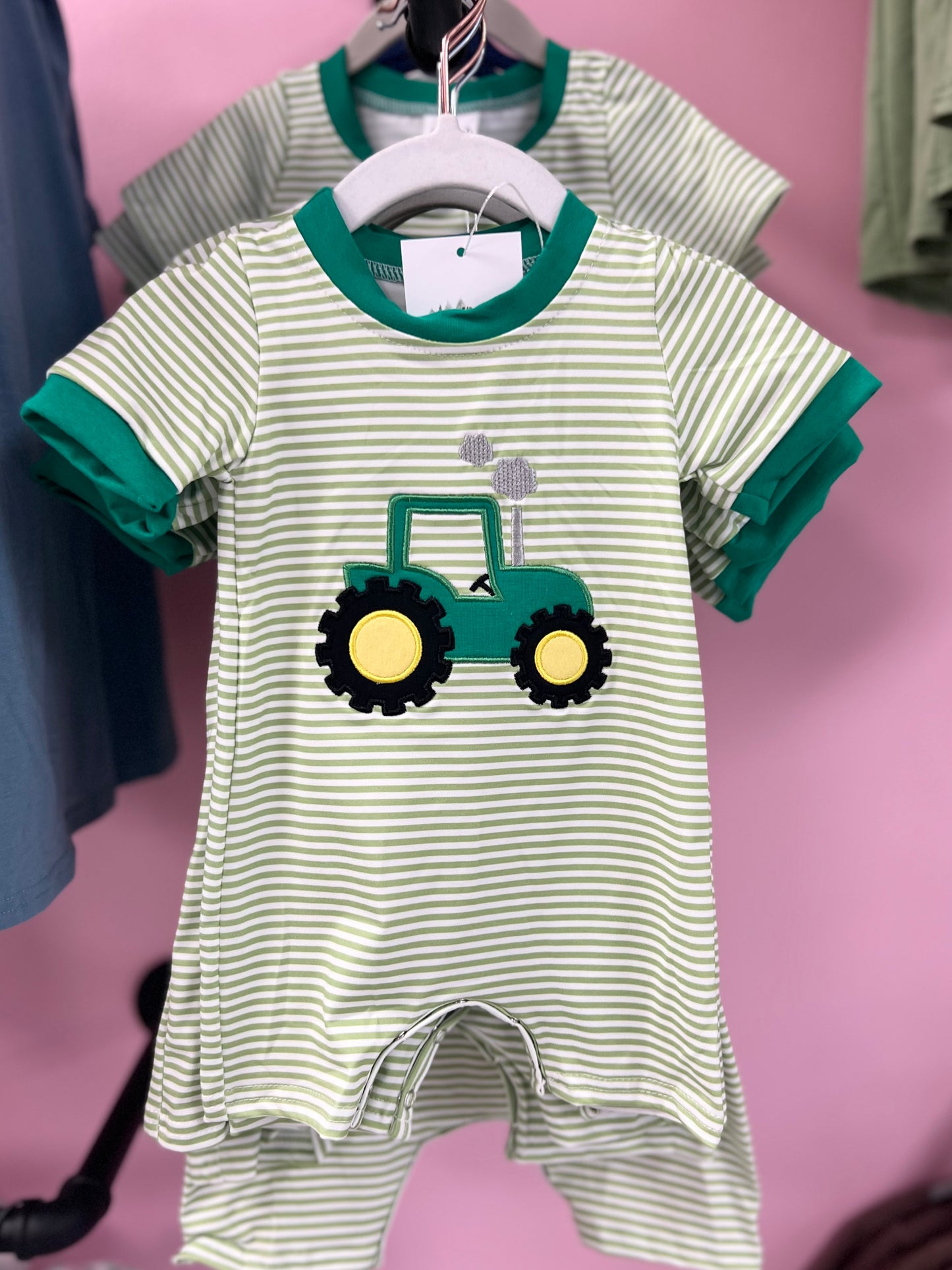 Big green tractor romper