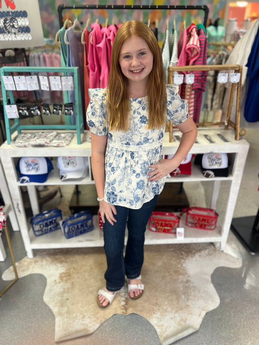 Girls Antique Floral Lace Trimmed Ruffle Top