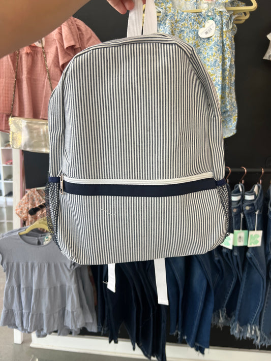 blue seersucker backpack