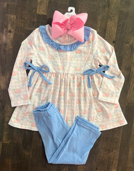 Blue floral bow pant set