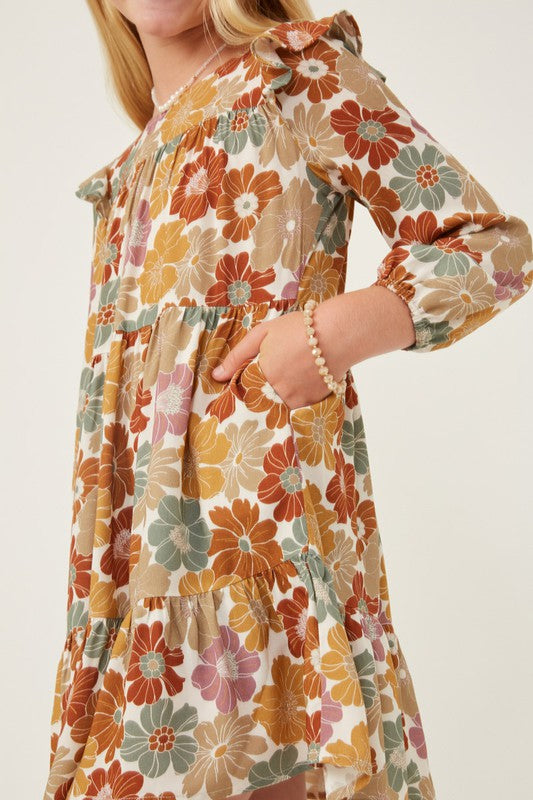 Fall floral ruffle shoulder dress