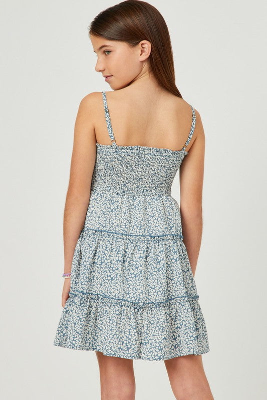 Blue floral smocked tiered dress