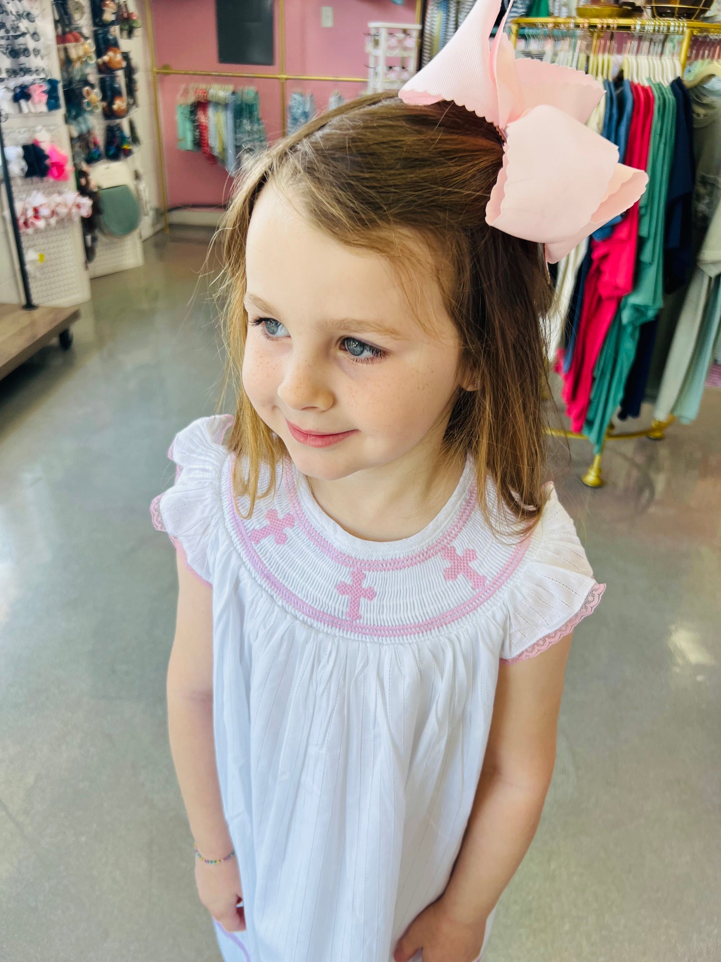 White and Pink Cross Smocked Bishop Dress