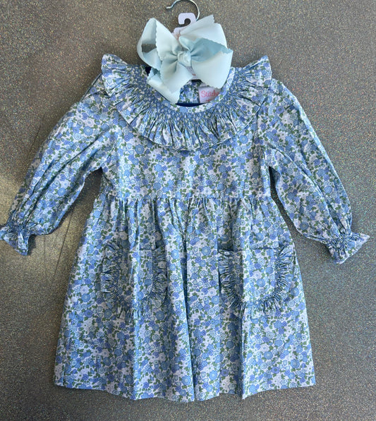 smocked ruffle blue floral dress