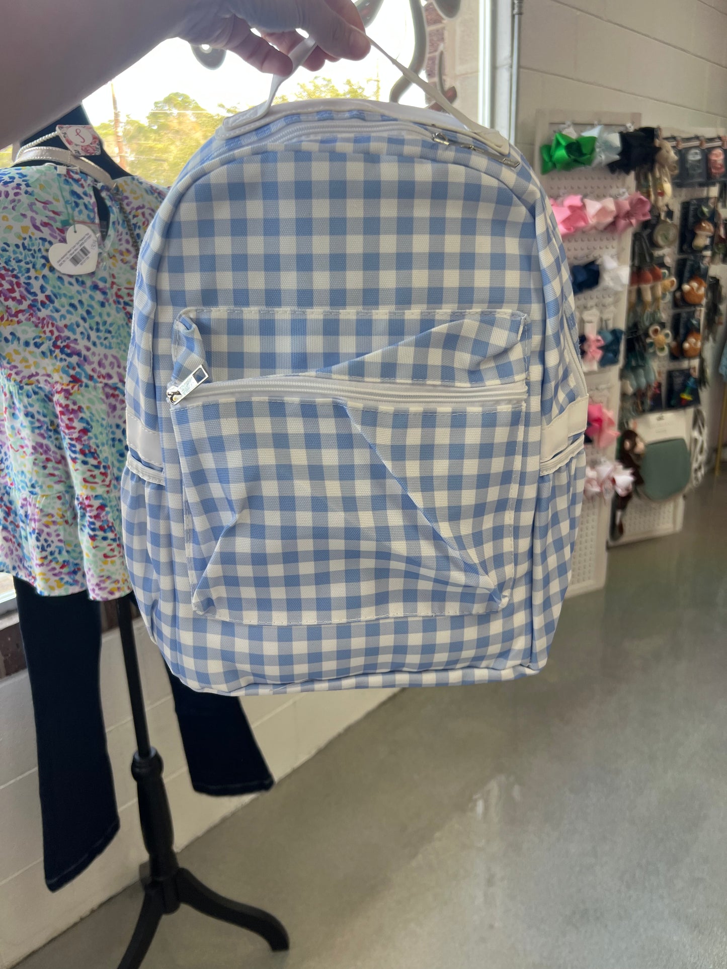 Blue gingham backpack