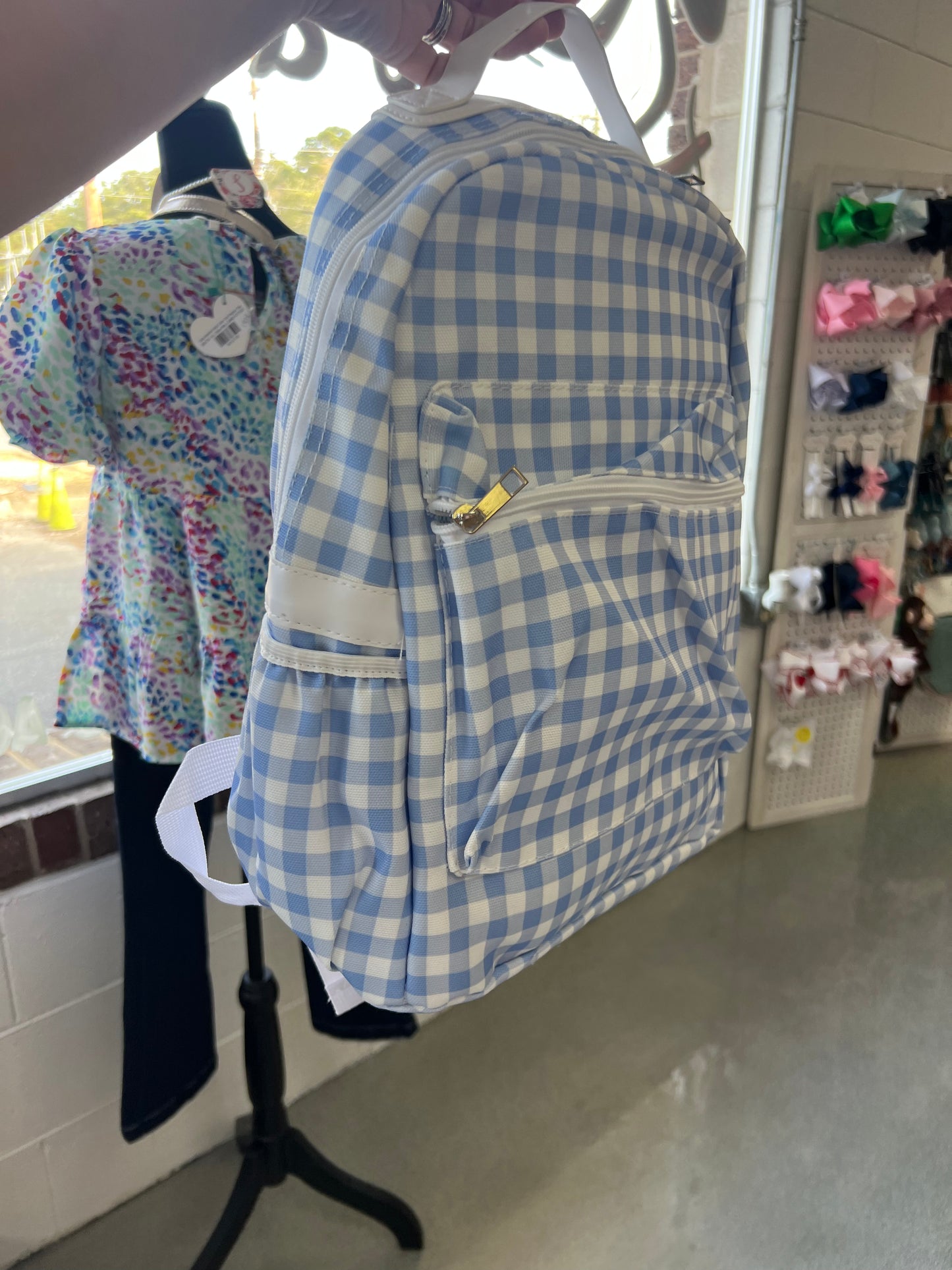 Blue gingham backpack