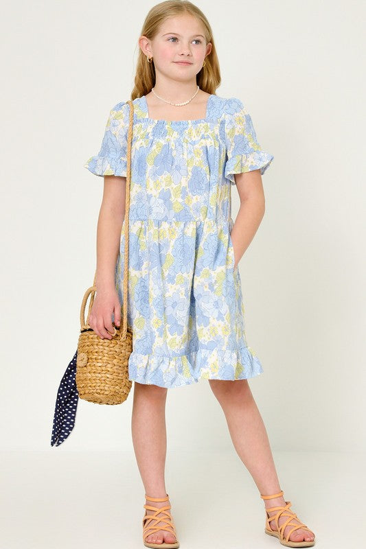 Blue floral square neck dress