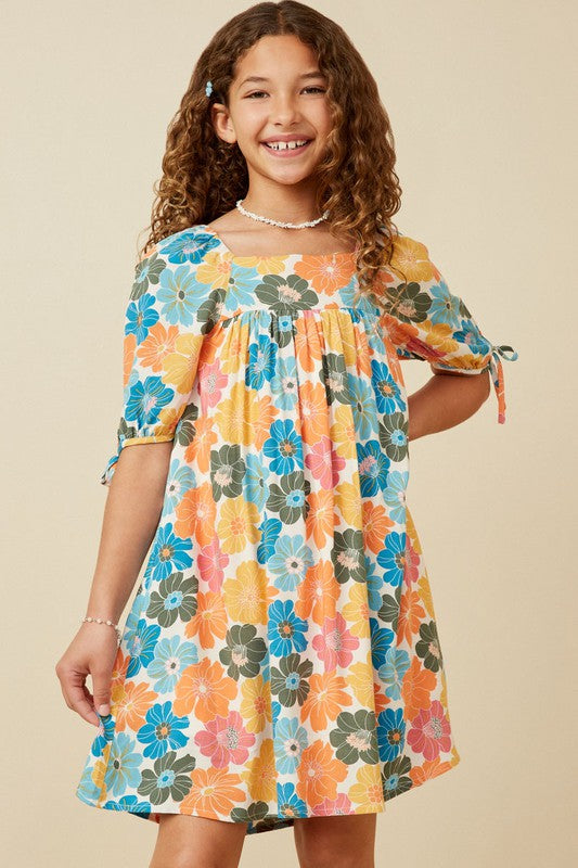 Floral square neck tie sleeve dress