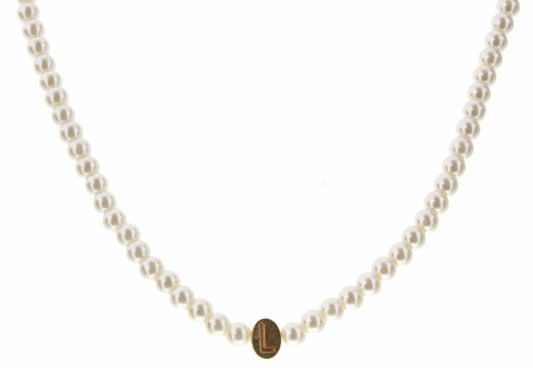 Kids 14" Gold "L" Initial on Pearl Strand Necklace, 3" Ext.