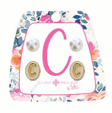 Kids Gold "C" Initial with Pearl Stud Earring