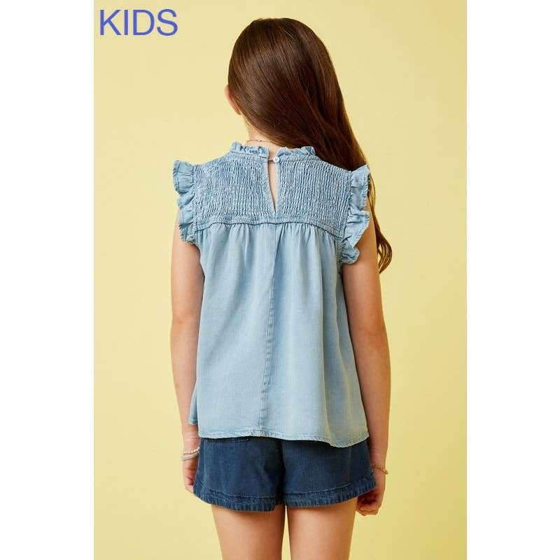 Girls Ruffle Detailed Smocked Denim Tencel Tank