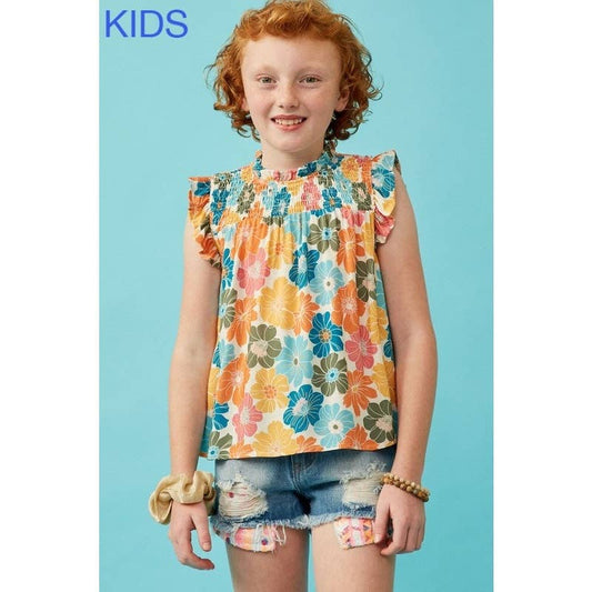 Girls Floral Smocked Ruffle Detail Tank