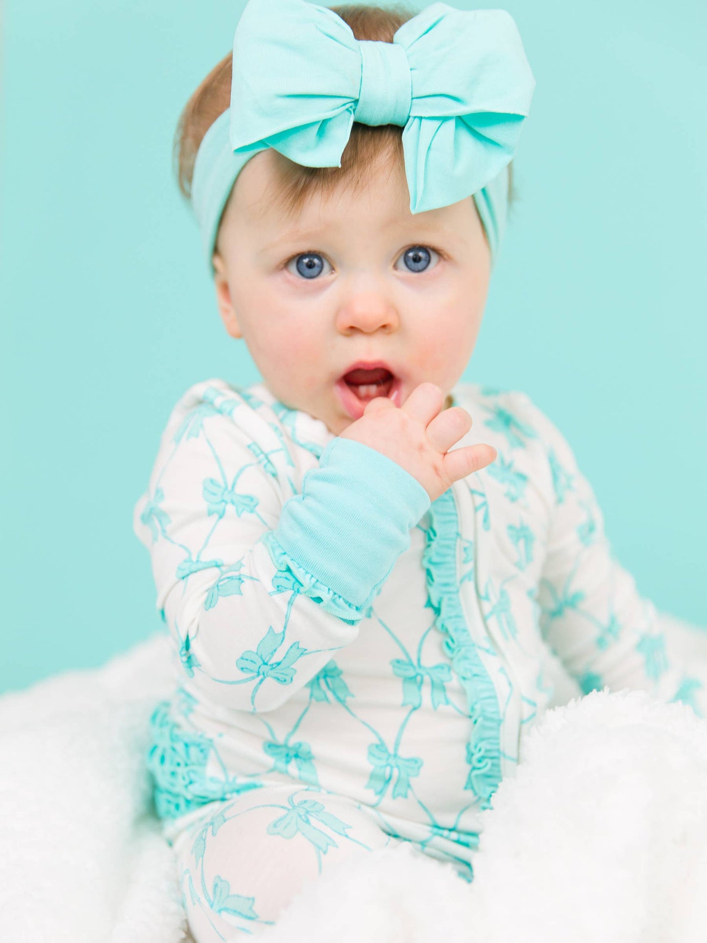 Baby Girls Teal Fairytale Bows Bamboo Viscose Convertible Ruffle One Piece Pajama