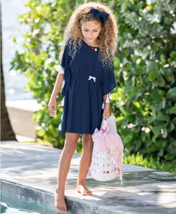 Girls Navy Tassel Kaftan Cover-Up