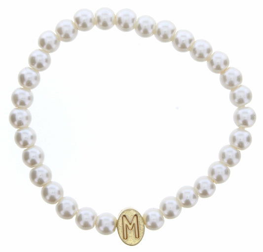 Kids Gold "M" Initial on Pearl Strand Bracelet