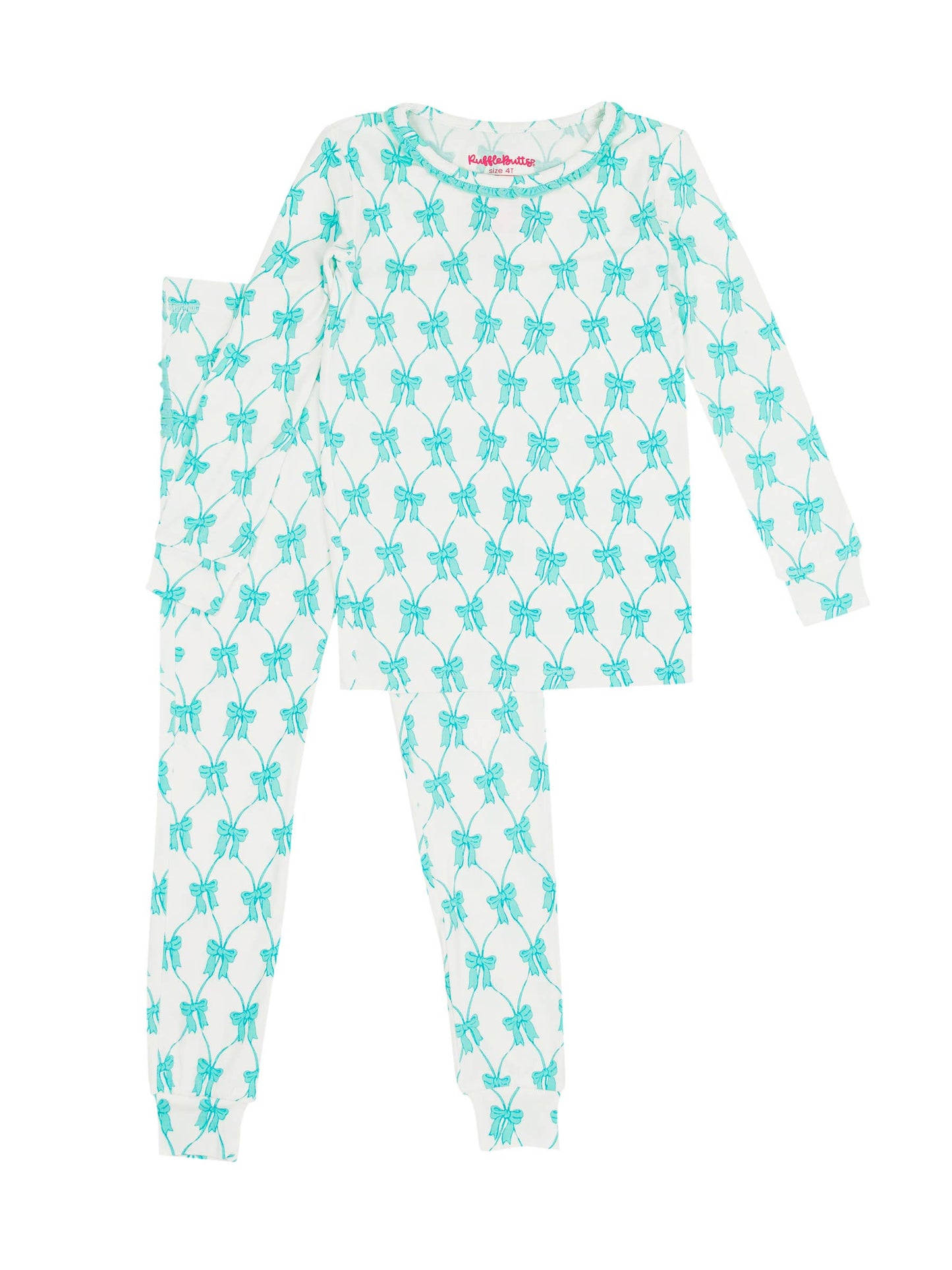 Toddler Girls Teal Fairytale Bows Bamboo Viscose Ruffle Long Sleeve Pajama Set