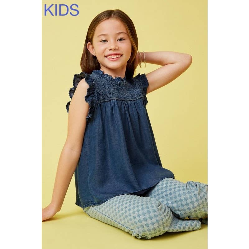 Girls Ruffle Detailed Smocked Denim Tencel Tank