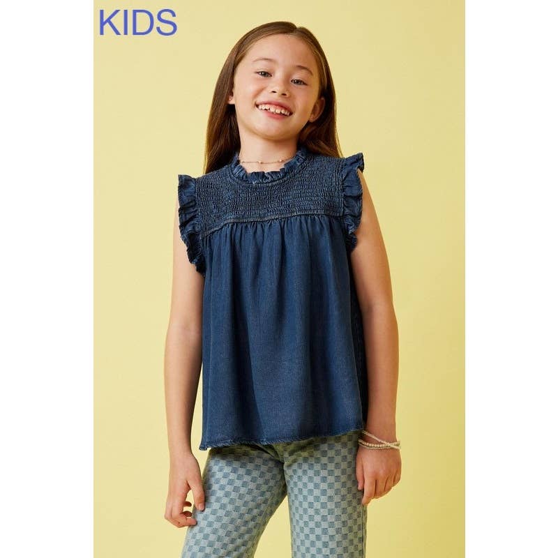 Girls Ruffle Detailed Smocked Denim Tencel Tank