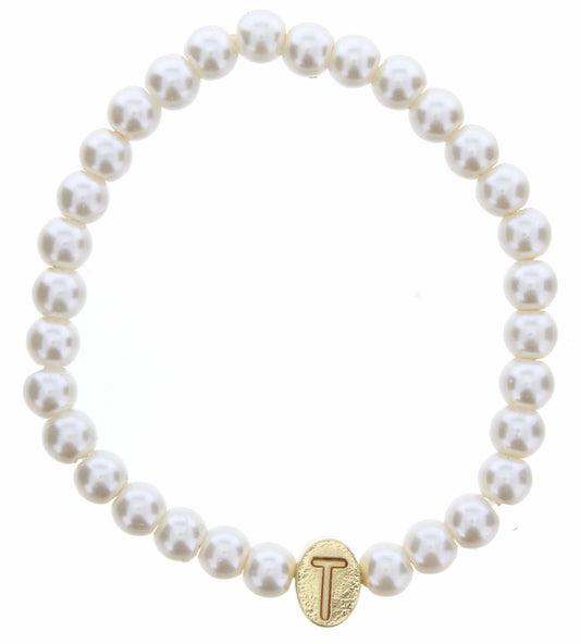 Kids Gold "T" Initial on Pearl Strand Bracelet