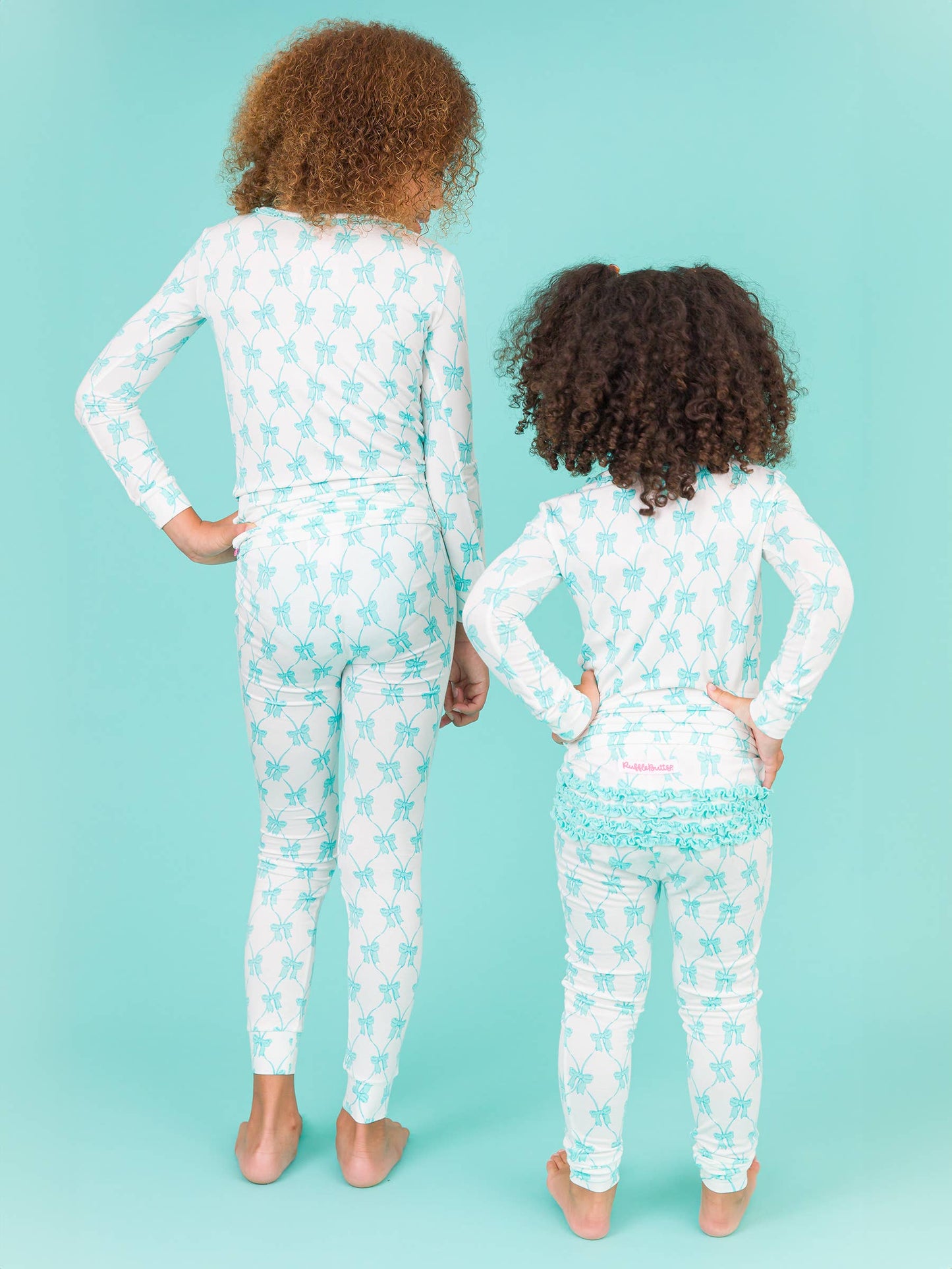 Toddler Girls Teal Fairytale Bows Bamboo Viscose Ruffle Long Sleeve Pajama Set