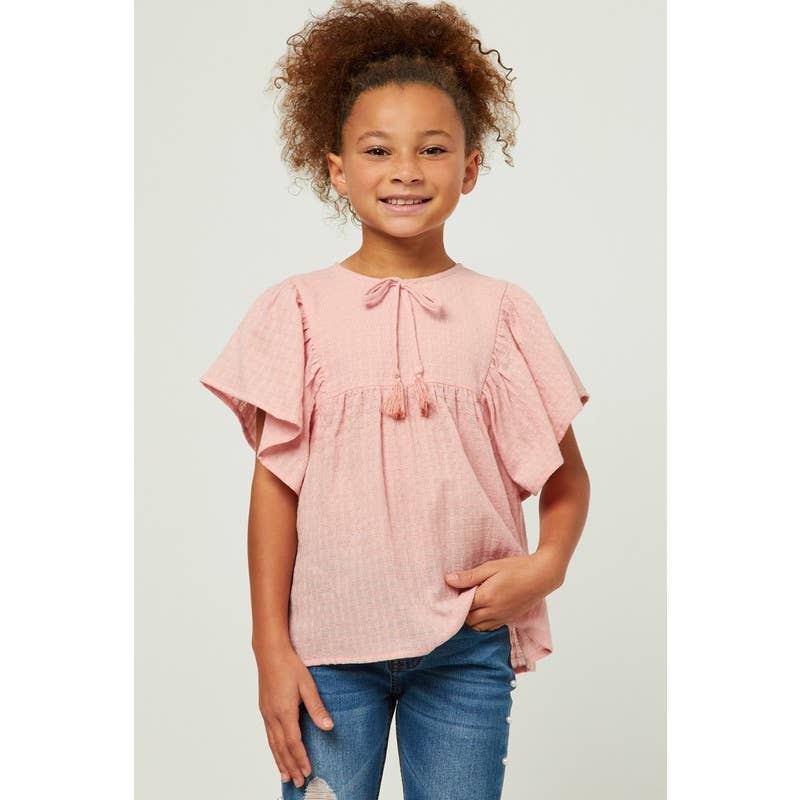 Girls Flutter Sleeve Tassel Detail Textured Top