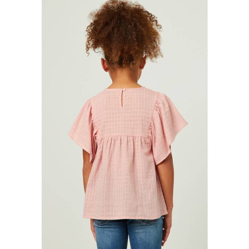 Girls Flutter Sleeve Tassel Detail Textured Top