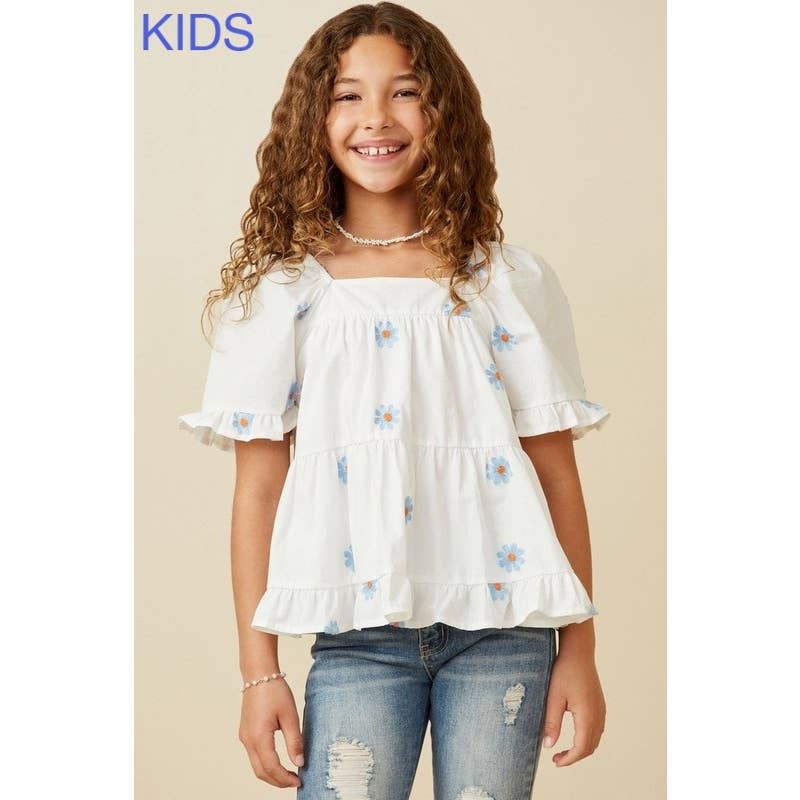 Girls All Over Daisy Embroidered Square Neck Top