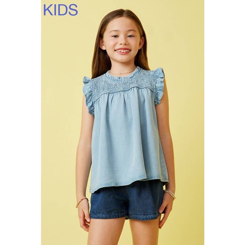 Girls Ruffle Detailed Smocked Denim Tencel Tank