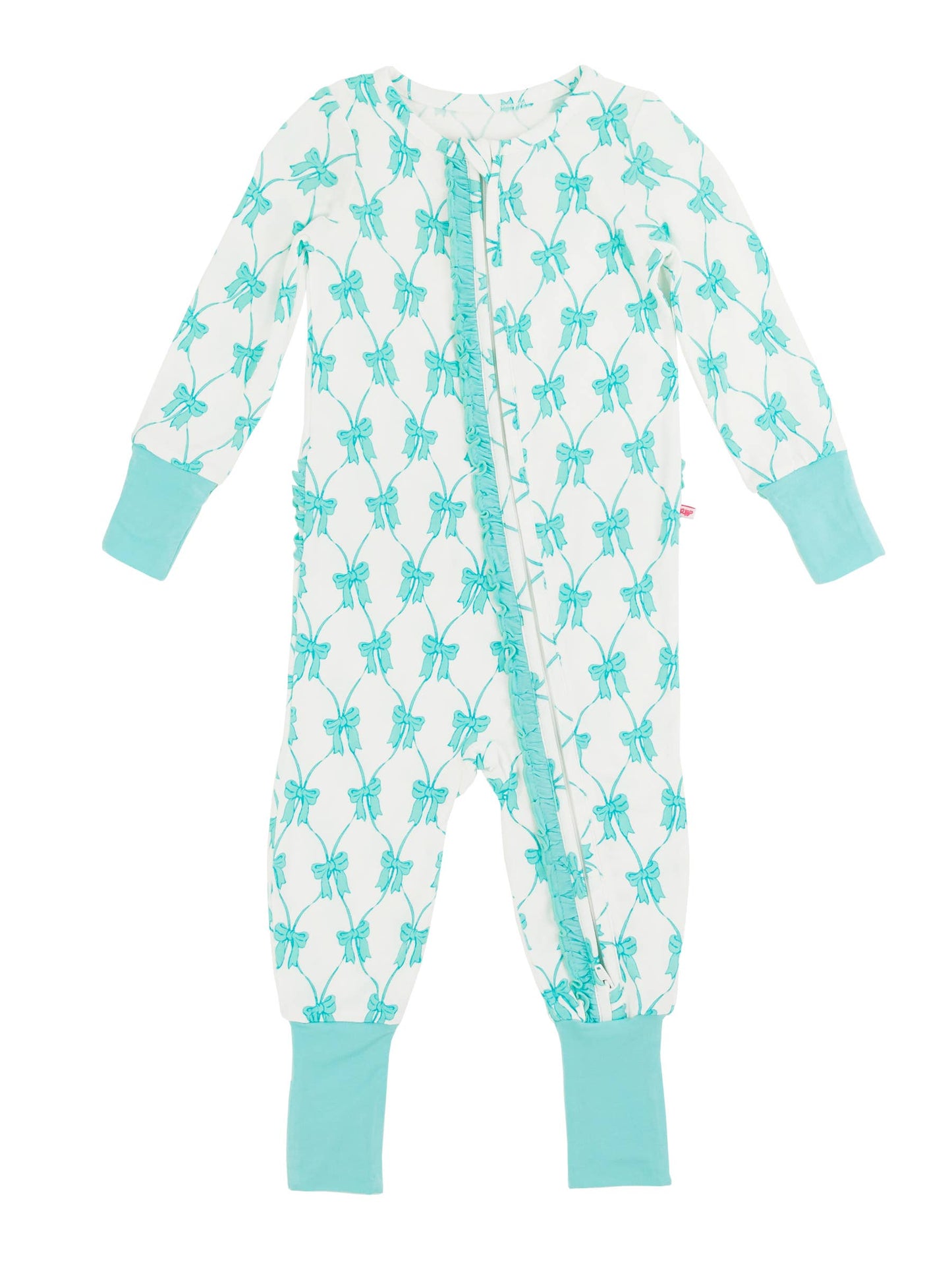 Baby Girls Teal Fairytale Bows Bamboo Viscose Convertible Ruffle One Piece Pajama