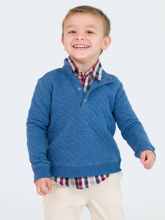 Boys Heather Indigo Quilted Quarter Snap Sweatshirt