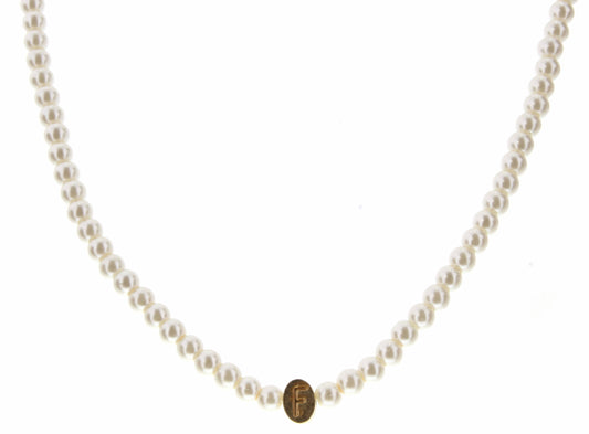 Kids 14" Gold "F" Initial on Pearl Strand Necklace, 3" Ext.