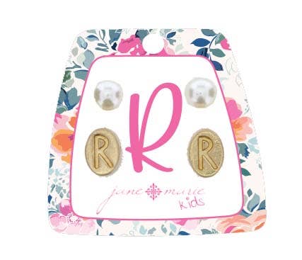 Kids Gold "R" Initial with Pearl Stud Earring