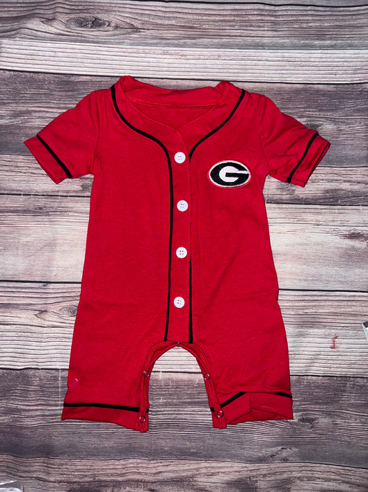 red and black G button romper