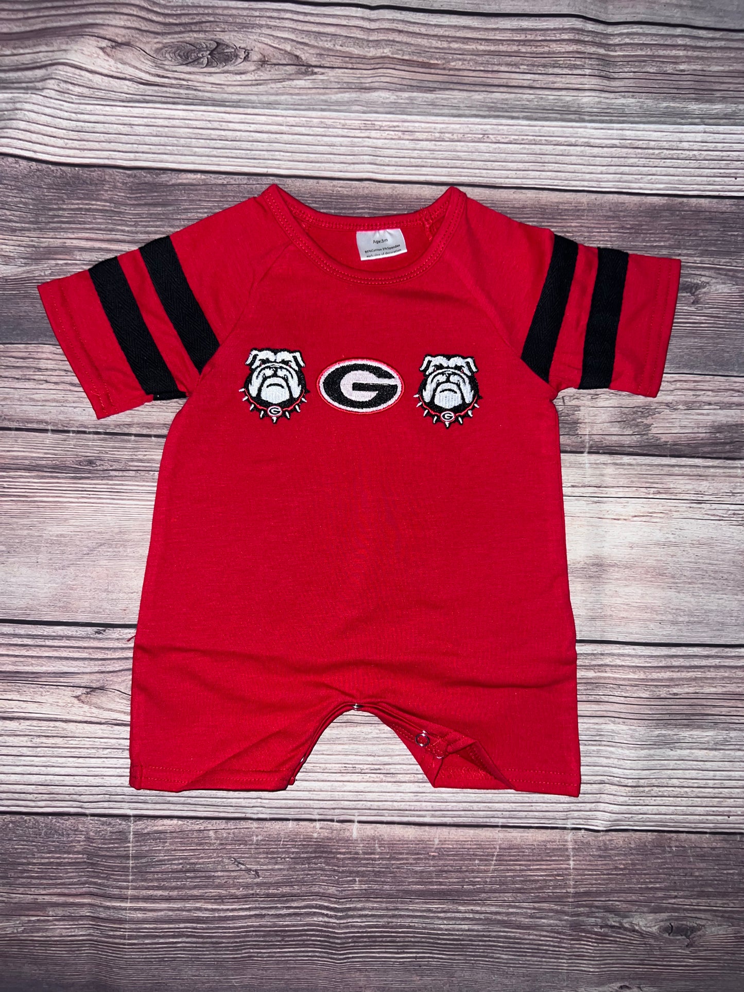 red and black G romper